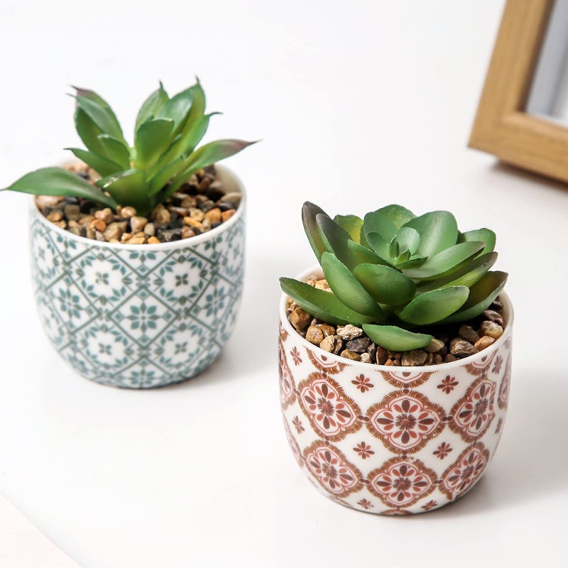 Karlliu Artificial Plants Succulent Flowers in Ceramic Planter 2 Pack Small Fake Plants Potted for Home Office Desk Decor Farmhouse Living Room Bedroom Shelves Decoration - Image 4